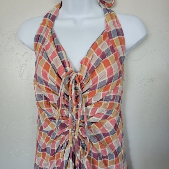 Free People Rainbow Dreams Sz 4 Halter Top Maxi Dress High Low Colorful Plaid - Picture 3 of 11